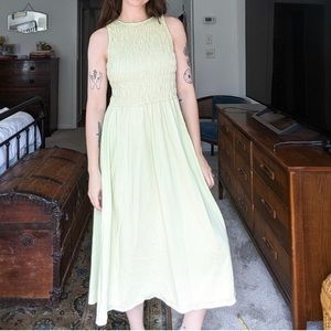 Mango Women Organic Cotton Sleeveless Smocked Midi Dress Light Green Size 6